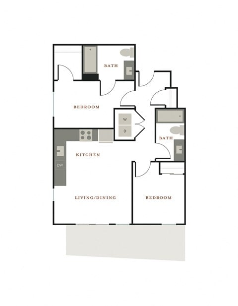 Floor plan for 2 beds, 2 baths, 895 sqft